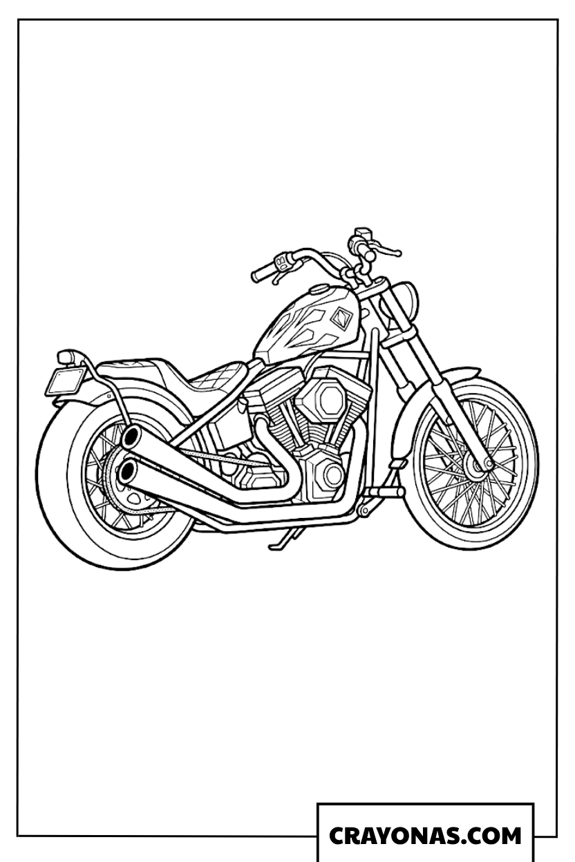 Classic Bobber Motorcycle Display with Flame Pattern Coloring Page