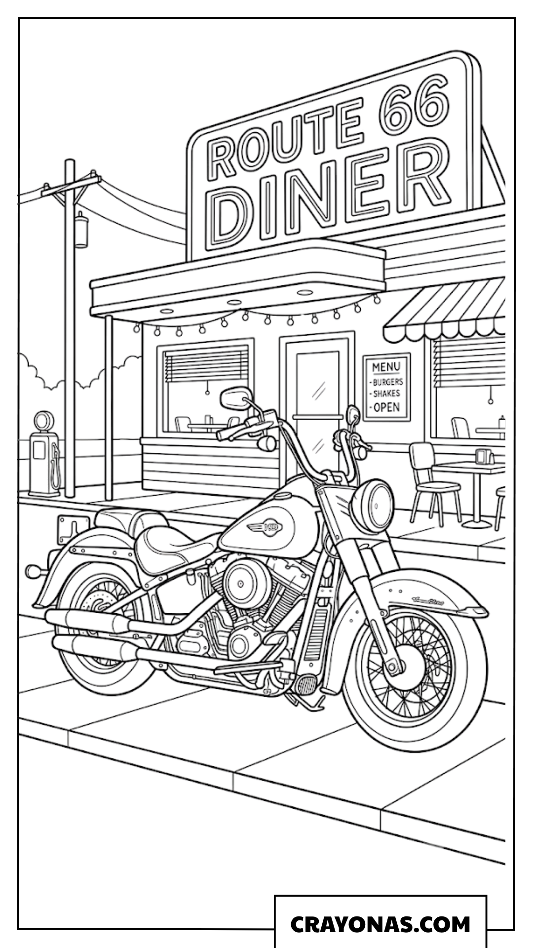 Classic Cruiser Motorcycle Parked Outside Route 66 Diner Coloring Page