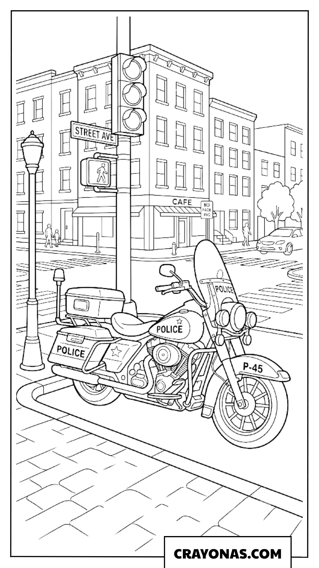 Classic Police Bike Parked at a City Corner Coloring Page