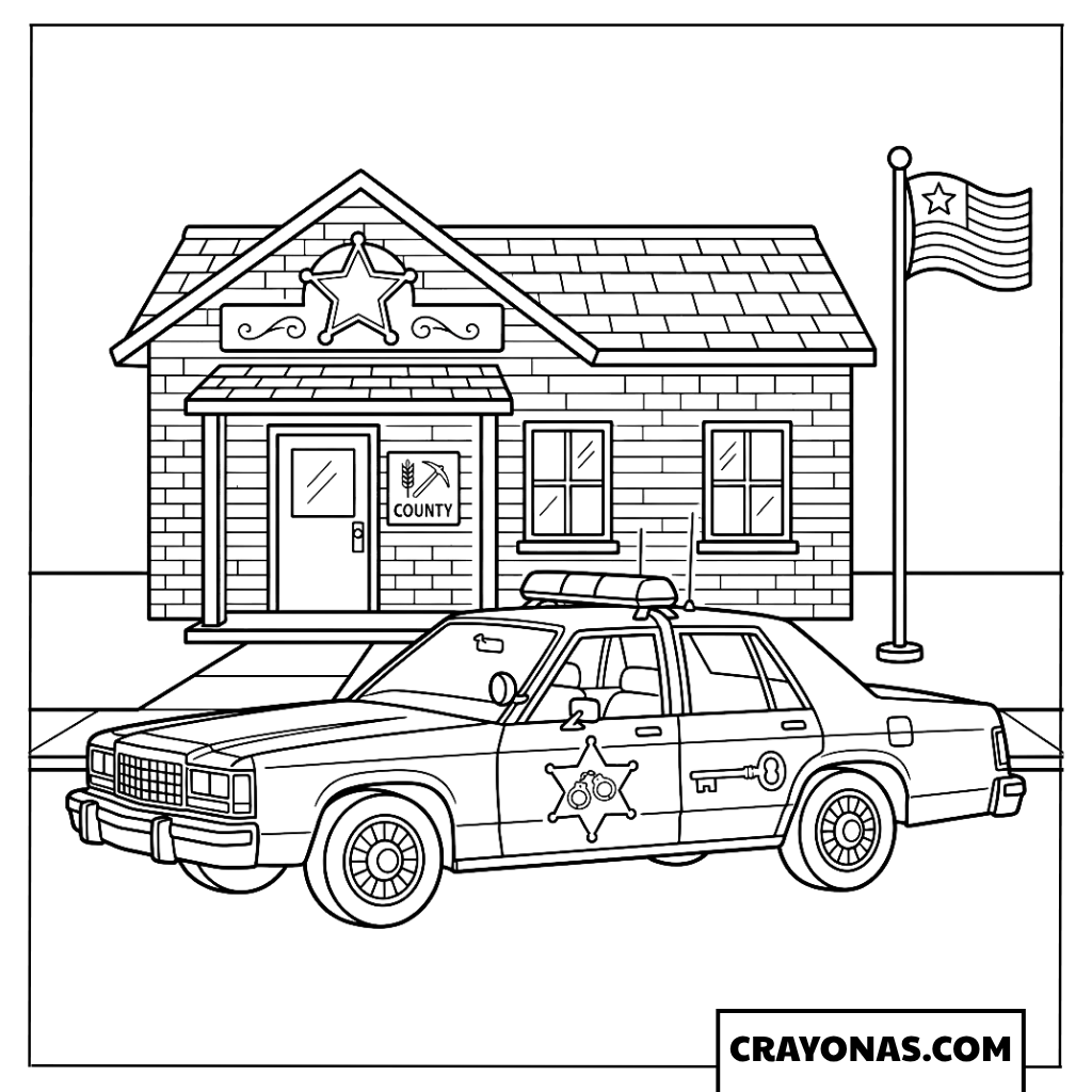 Classic Police Cruiser Parked Outside Police Station Coloring Page