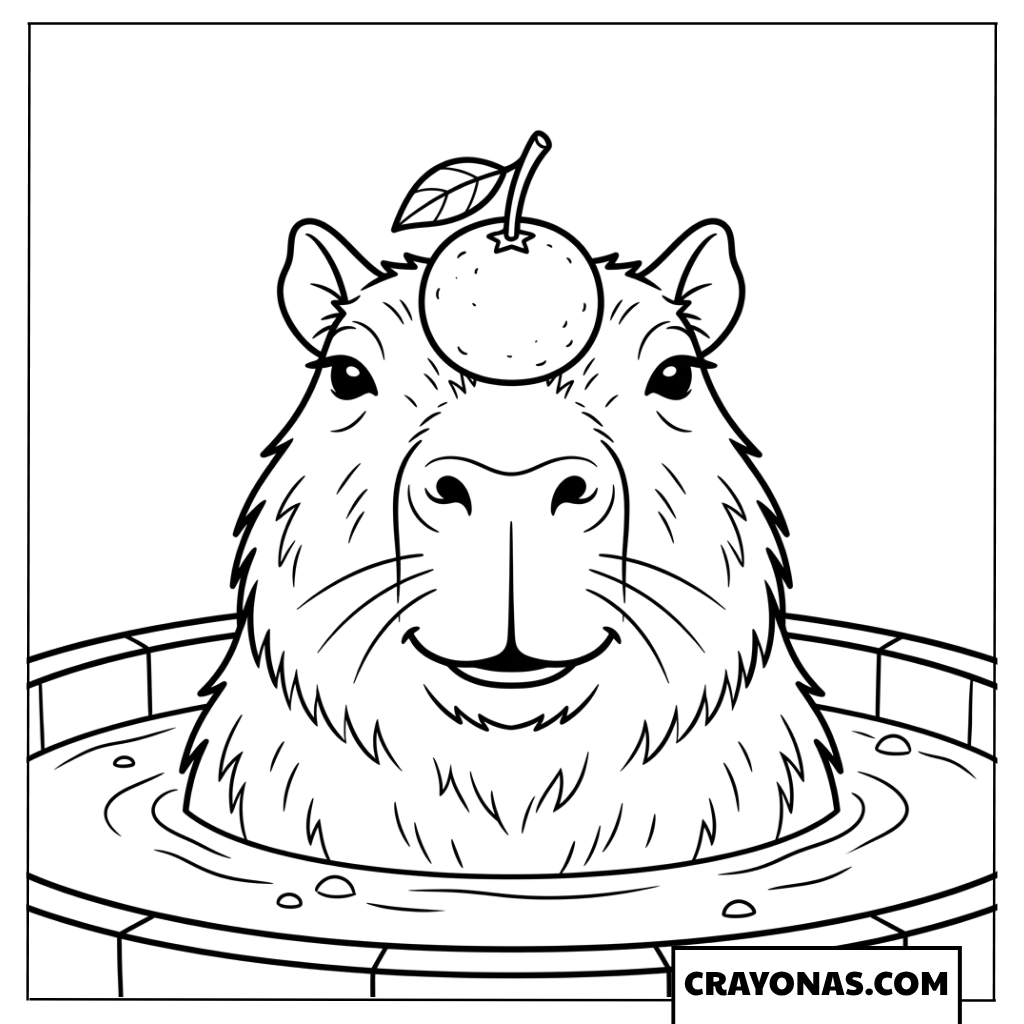 Close-Up Capybara Balancing Yuzu on Head Coloring Page