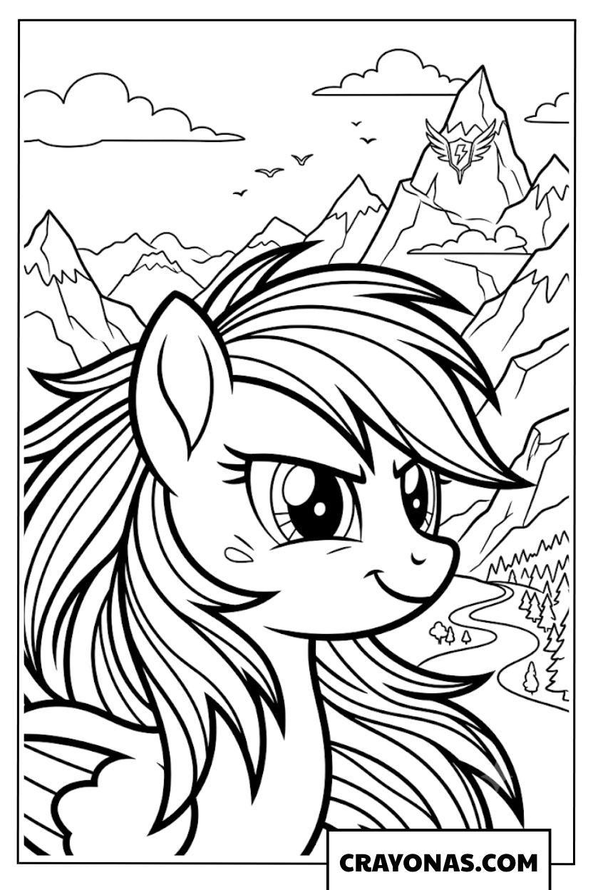 Close Up Portrait Of Rainbow Dash Mountains Background Coloring Page