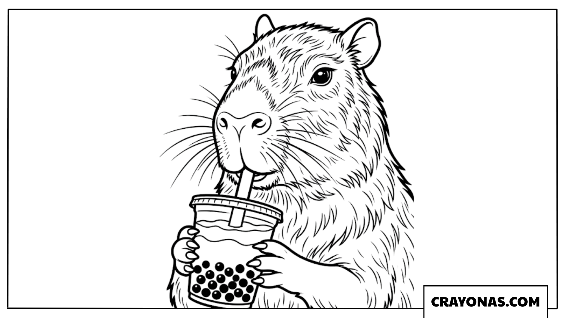 Close-Up Realistic Capybara Drinking Boba Coloring Page