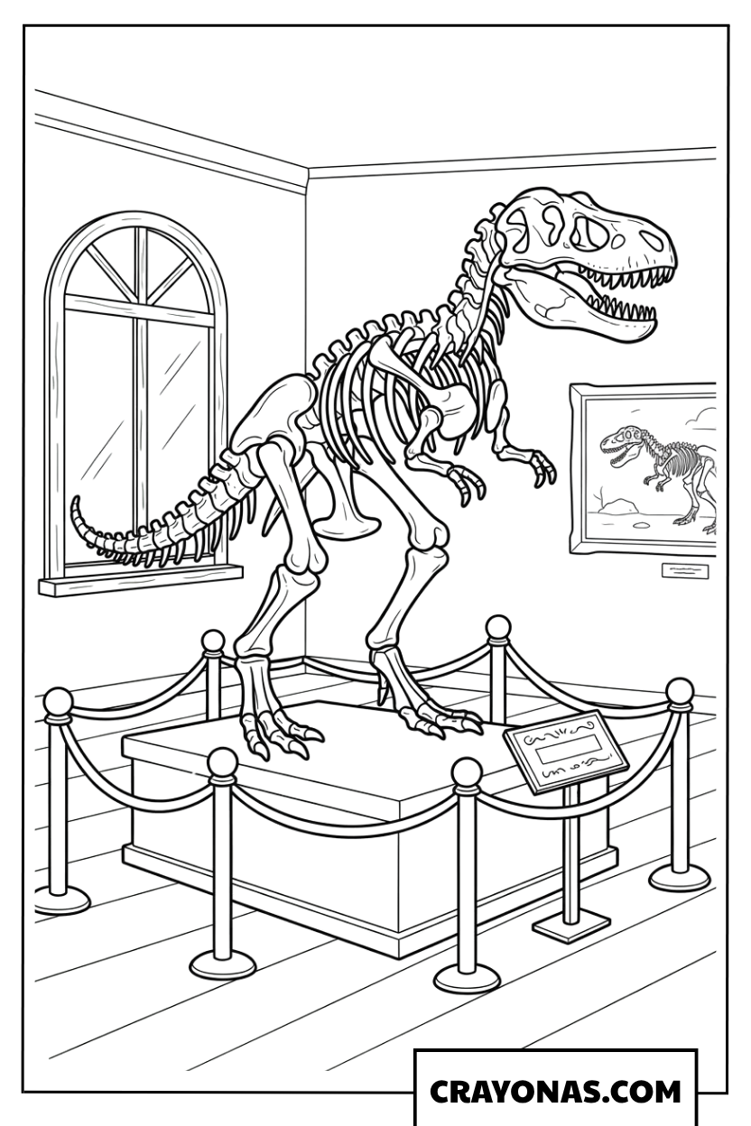 Complete T-Rex Dinosaur Skeleton Exhibit in Museum Coloring Page