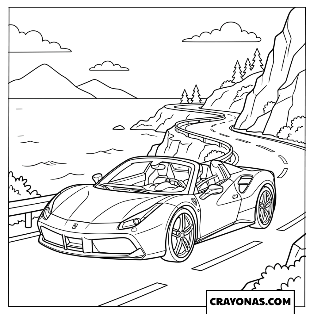 Convertible Sports Car Driving on Coastal Mountain Road Coloring Page