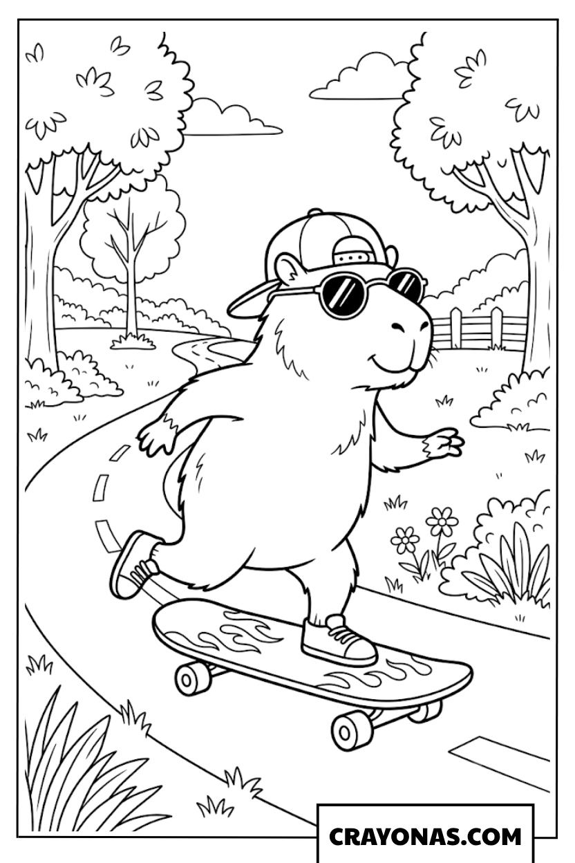 Cool Cartoon Capybara Riding a Skateboard Coloring Page