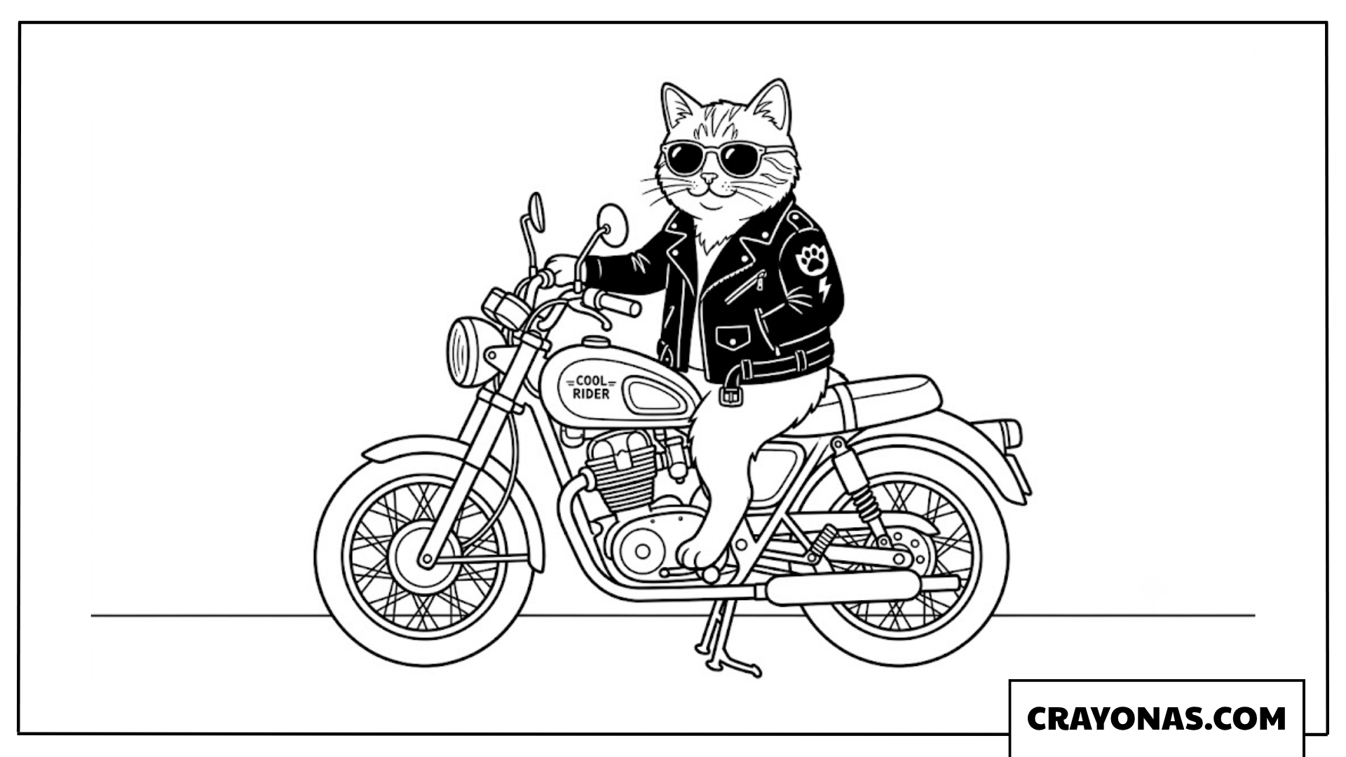 Cool Cartoon Cat Wearing Leather Jacket on Motorcycle Coloring Page