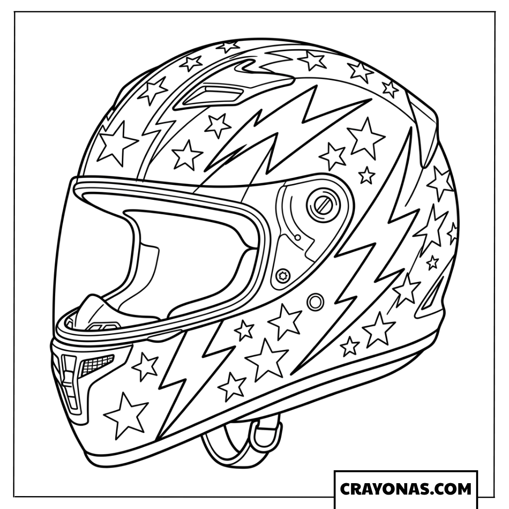 Cool Racing Motorcycle Helmet with Stars and Lightning Coloring Page
