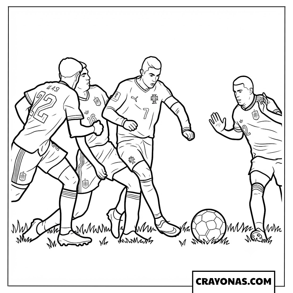 Cristiano Ronaldo Surrounded by Spanish Defenders Coloring Page