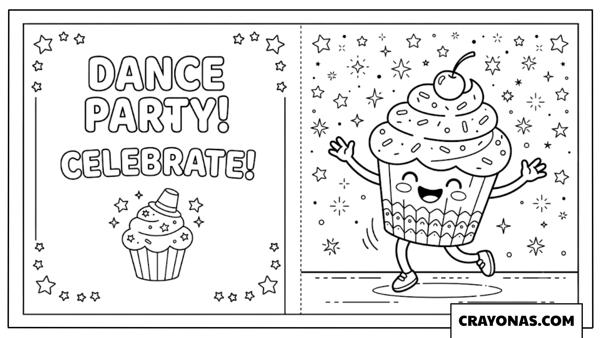 Cupcake Dance Party Birthday Card Coloring Page