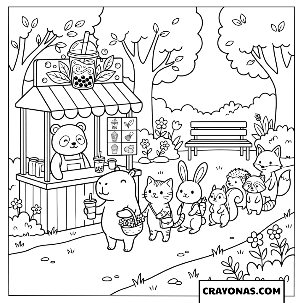Cute Animals Buying Boba at Park Stand Coloring Page