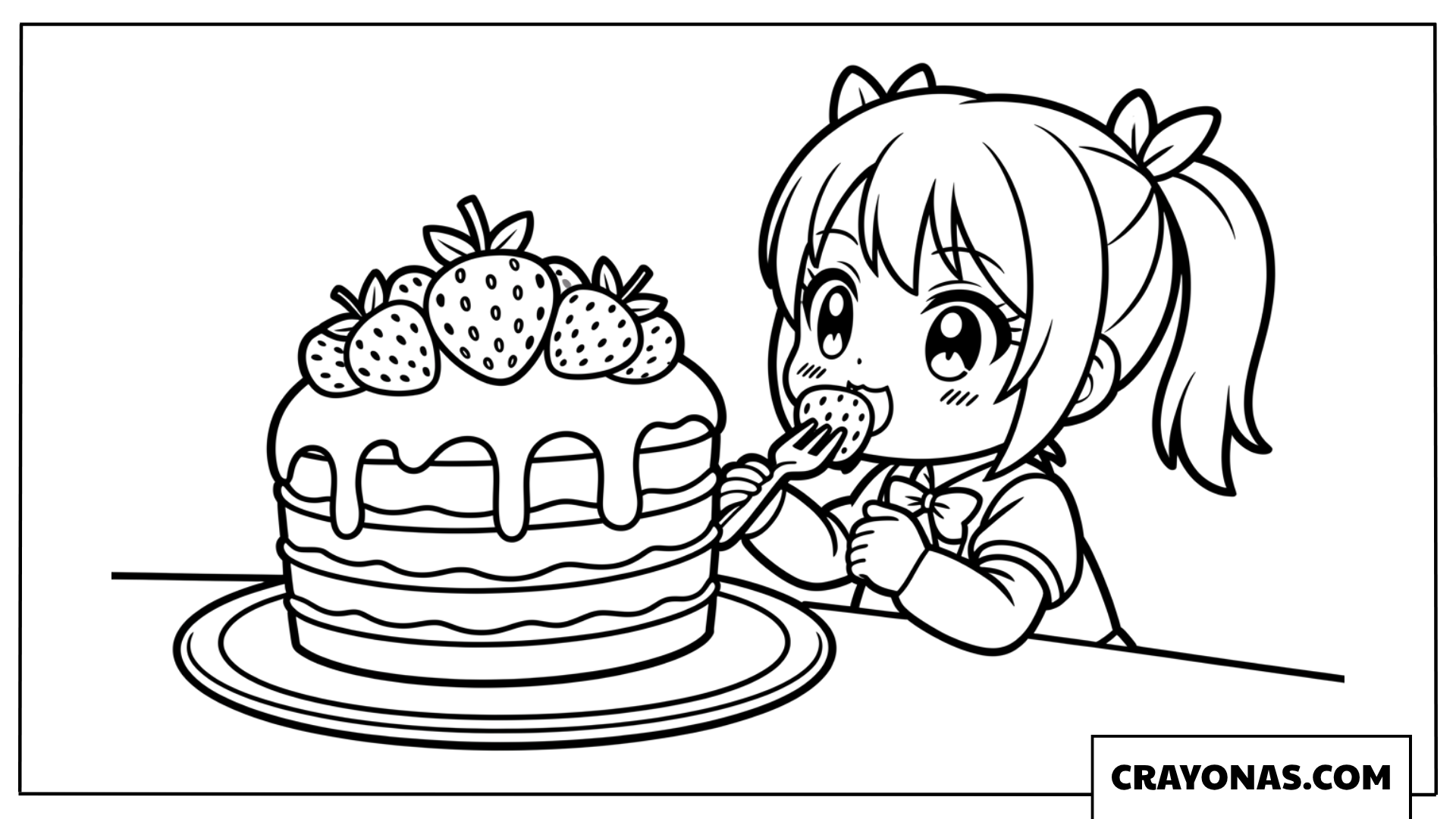 Cute Anime Girl Eating Strawberry Cake Coloring Page