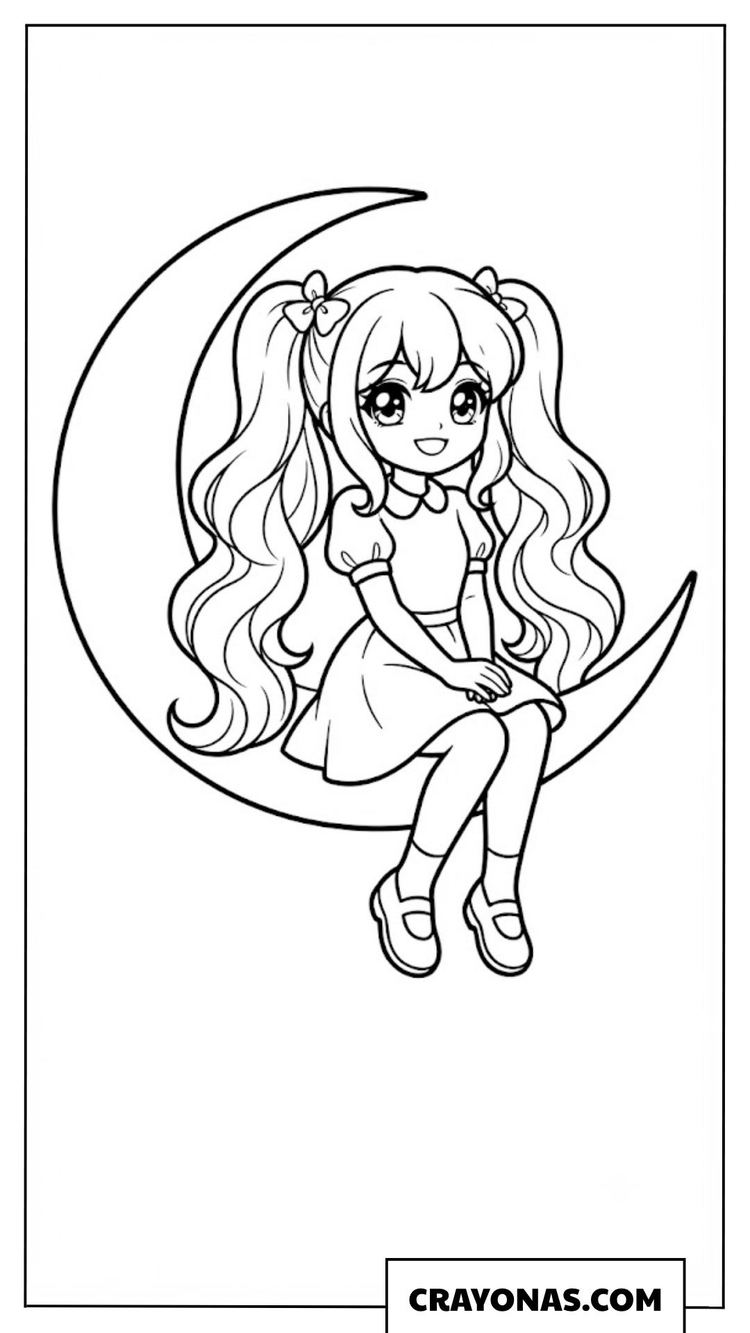 Cute Anime Girl Sitting on Moon Coloring Page