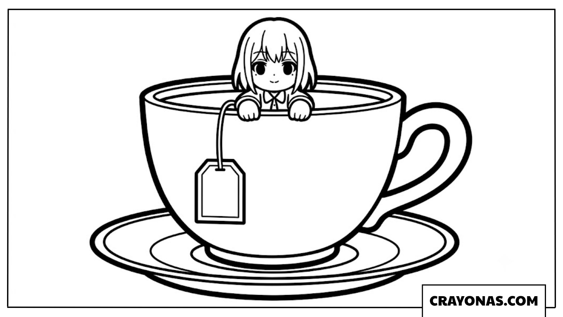 Cute Anime Girl in Teacup Coloring Page