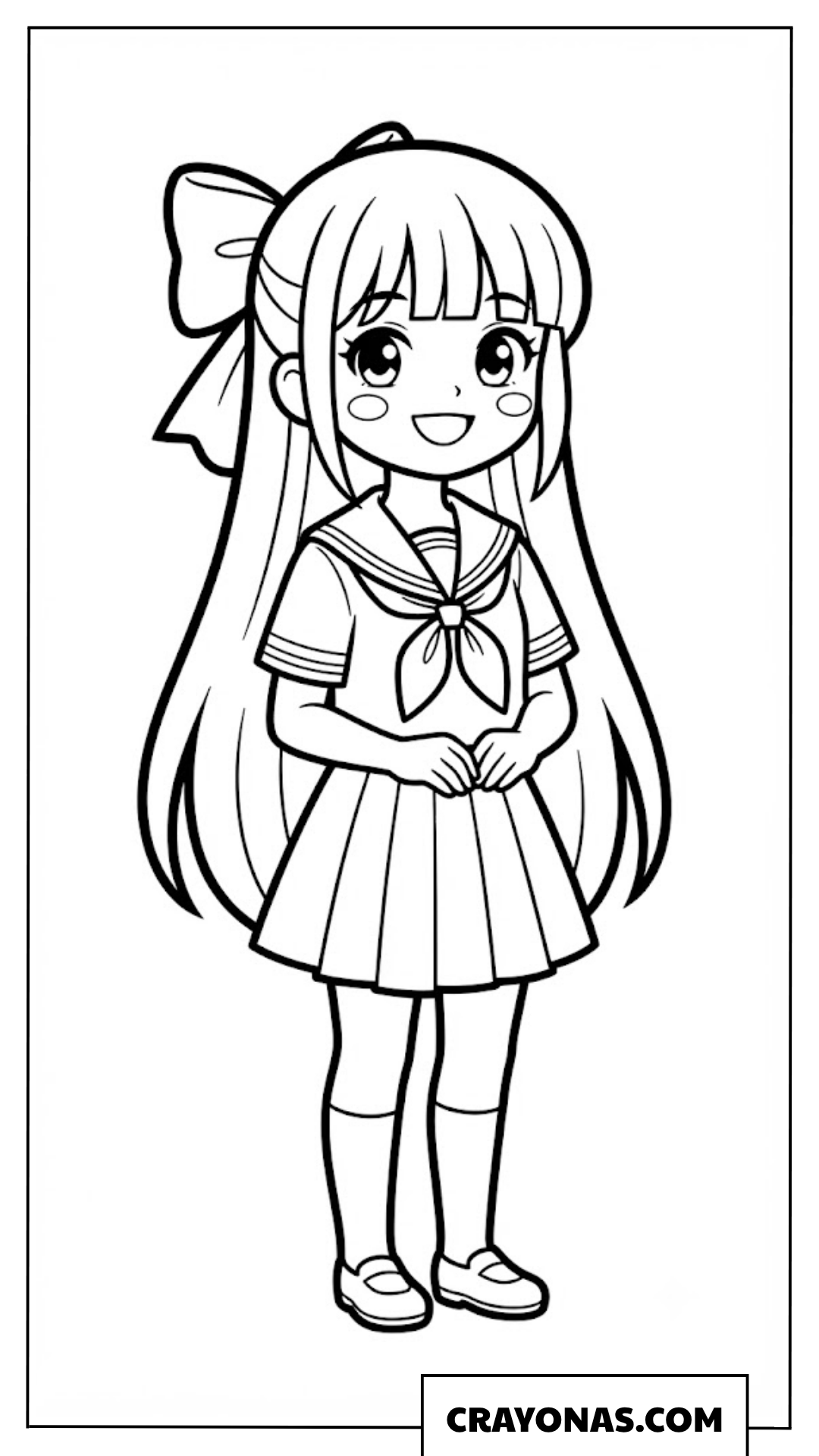 Cute Anime Girl with Long Hair and Big Bow Coloring Page