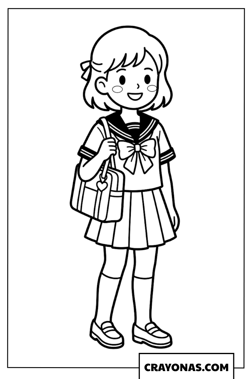 Cute Anime School Girl in Sailor Uniform Coloring Page