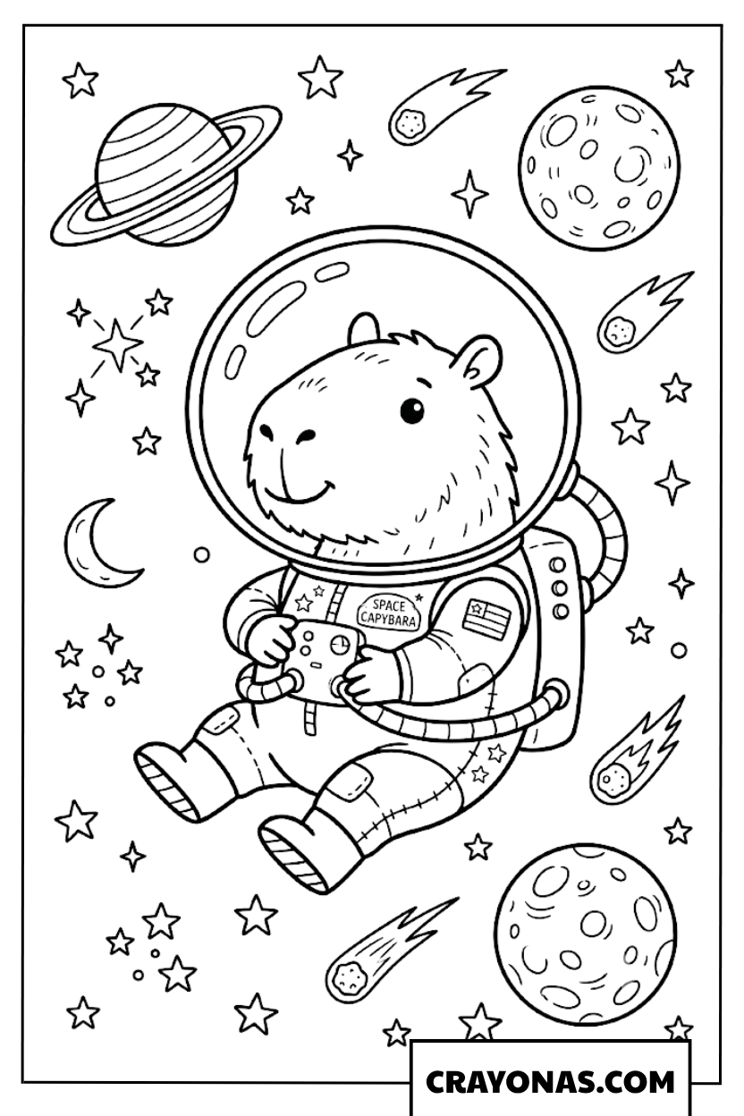 Cute Astronaut Capybara Floating in Space Coloring Page