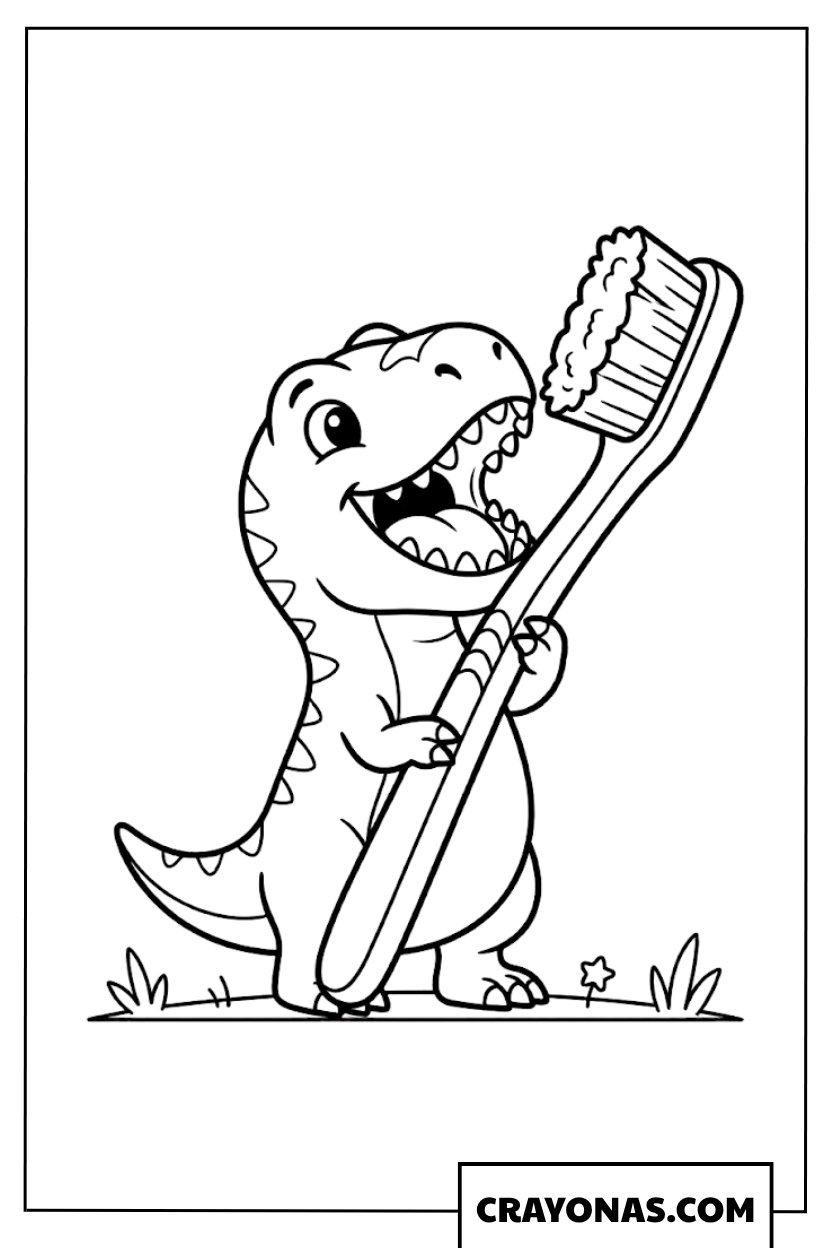 Cute Baby Dinosaur Brushing Teeth with Giant Toothbrush Coloring Page