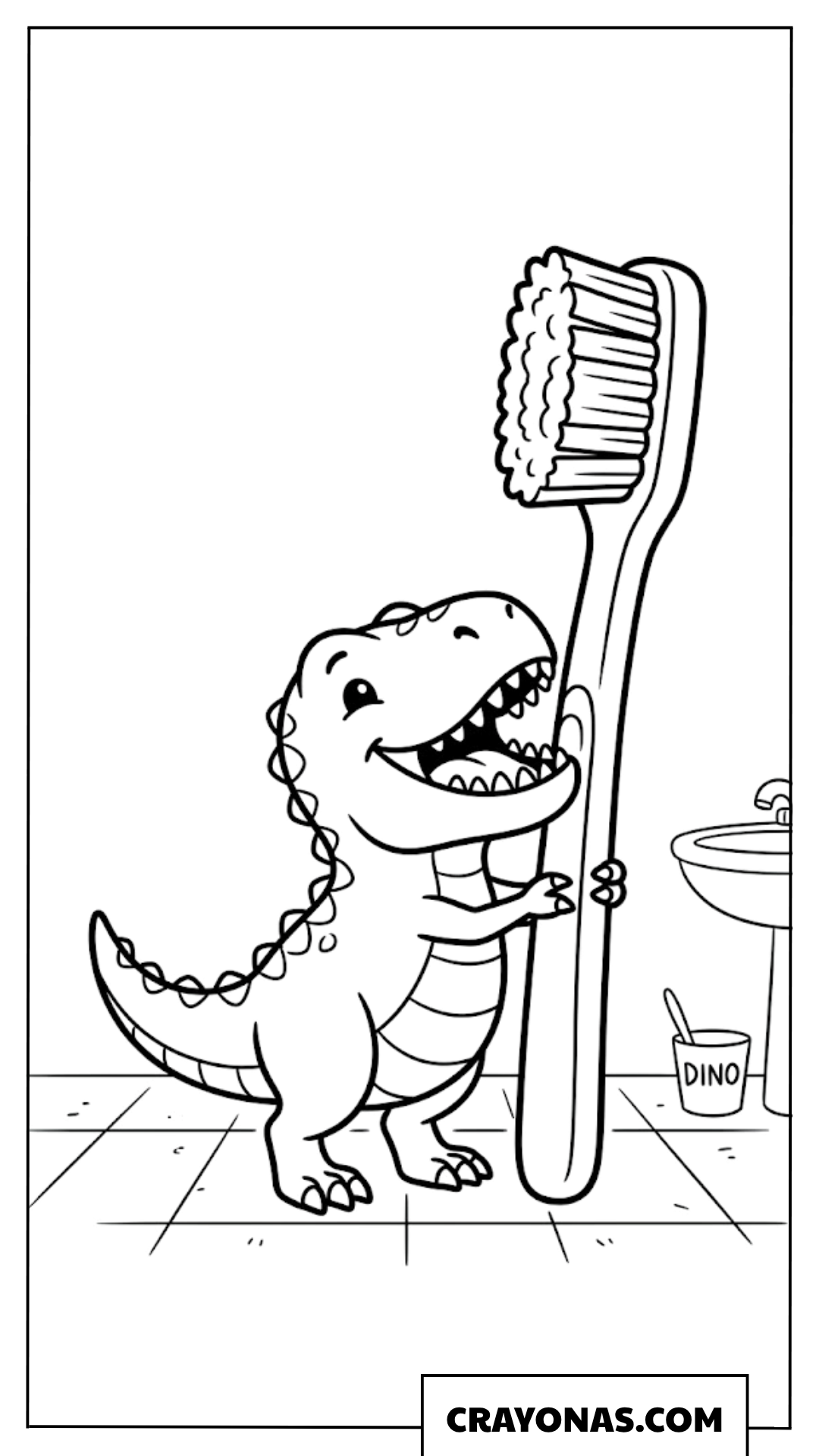 Cute Baby Dinosaur Brushing Teeth with Giant Toothbrush Coloring Page