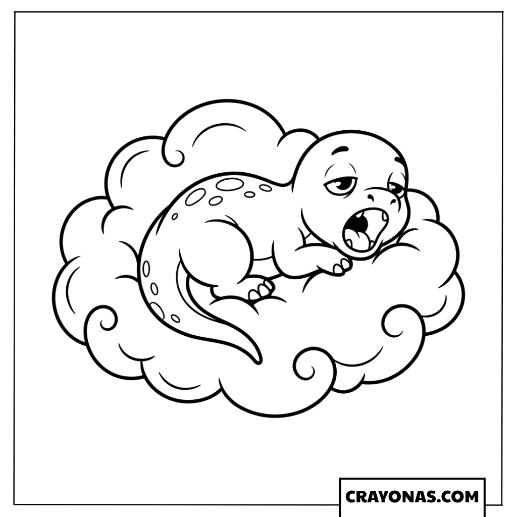 Cute Baby Dinosaur Sleeping on a Fluffy Cloud Coloring Page