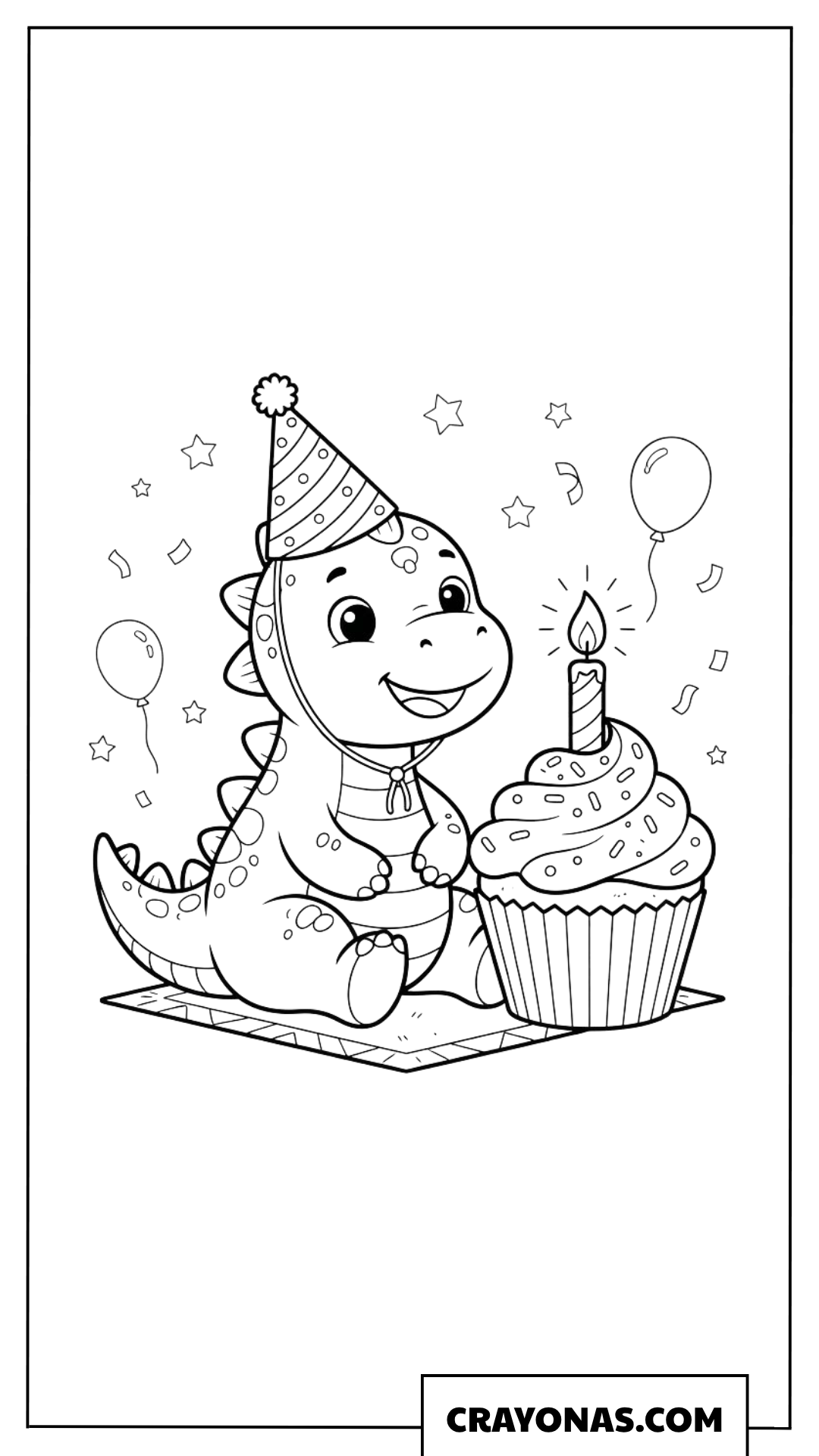 Cute Baby Dinosaur with Birthday Cupcake Coloring Page