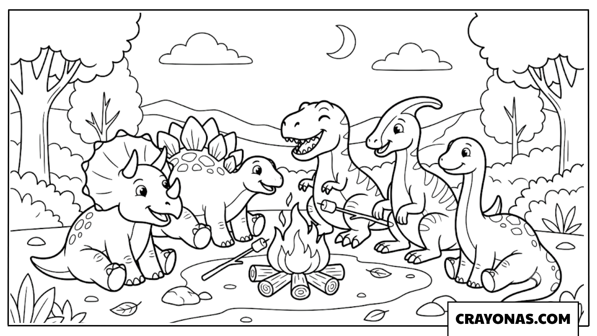 Cute Baby Dinosaurs Camping Around a Campfire Coloring Page