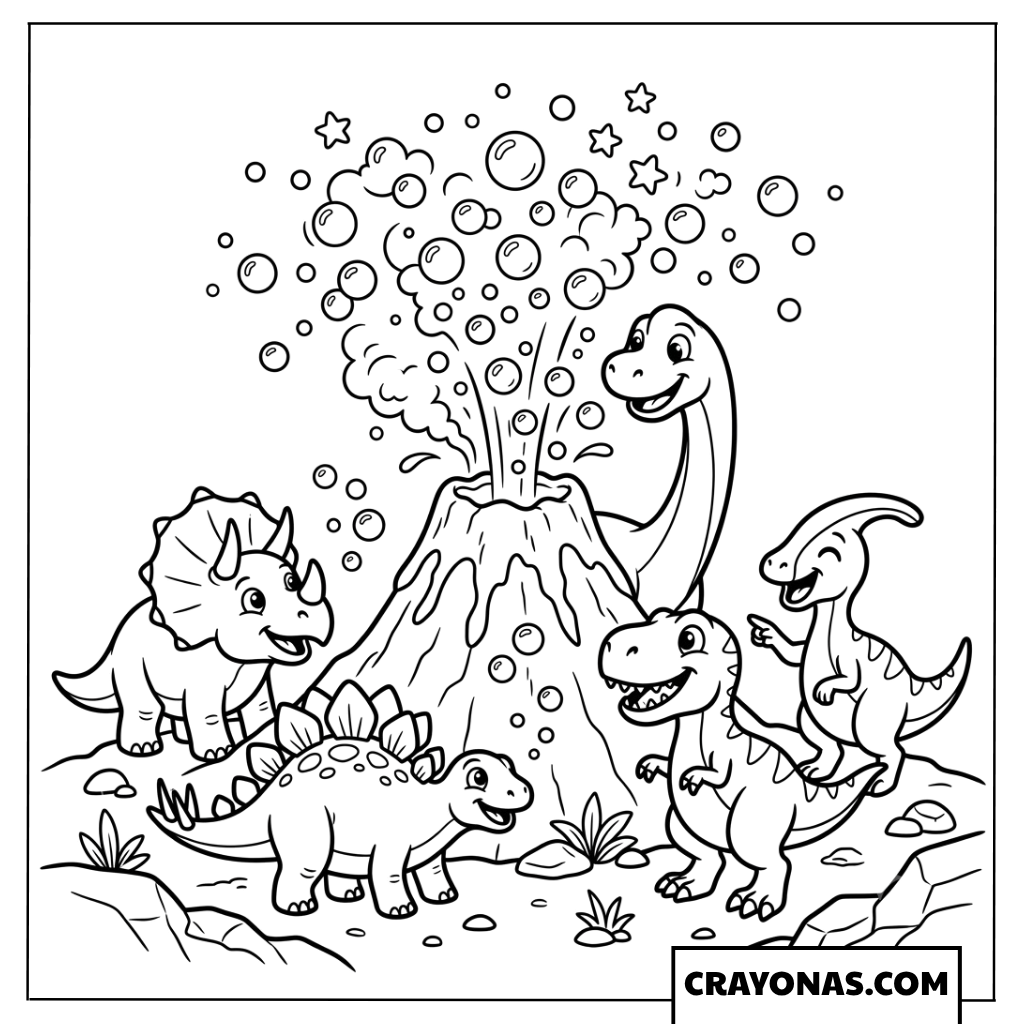 Cute Baby Dinosaurs Playing Near a Bubble Volcano Coloring Page