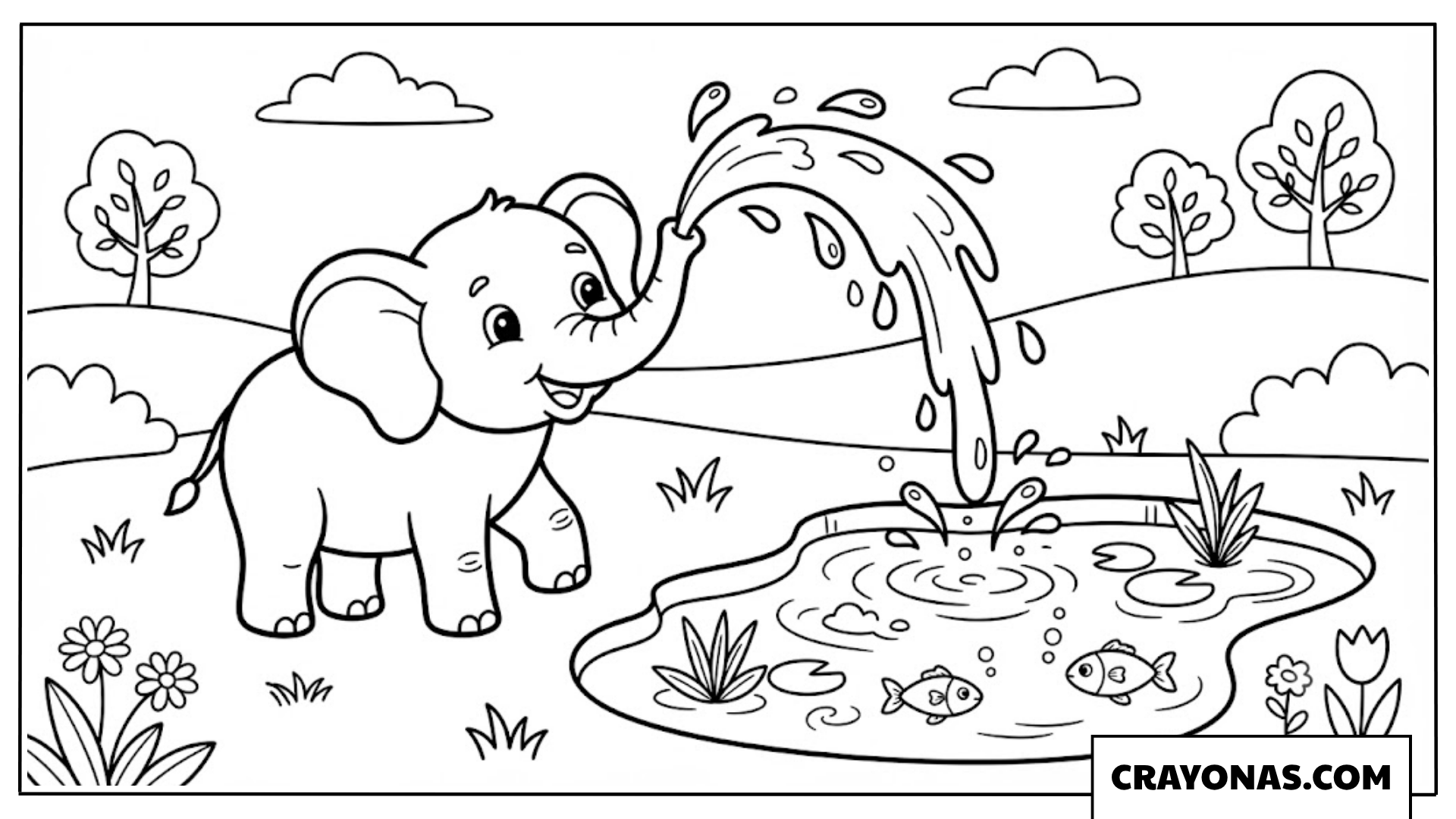 Cute Baby Elephant at Pond Coloring Page