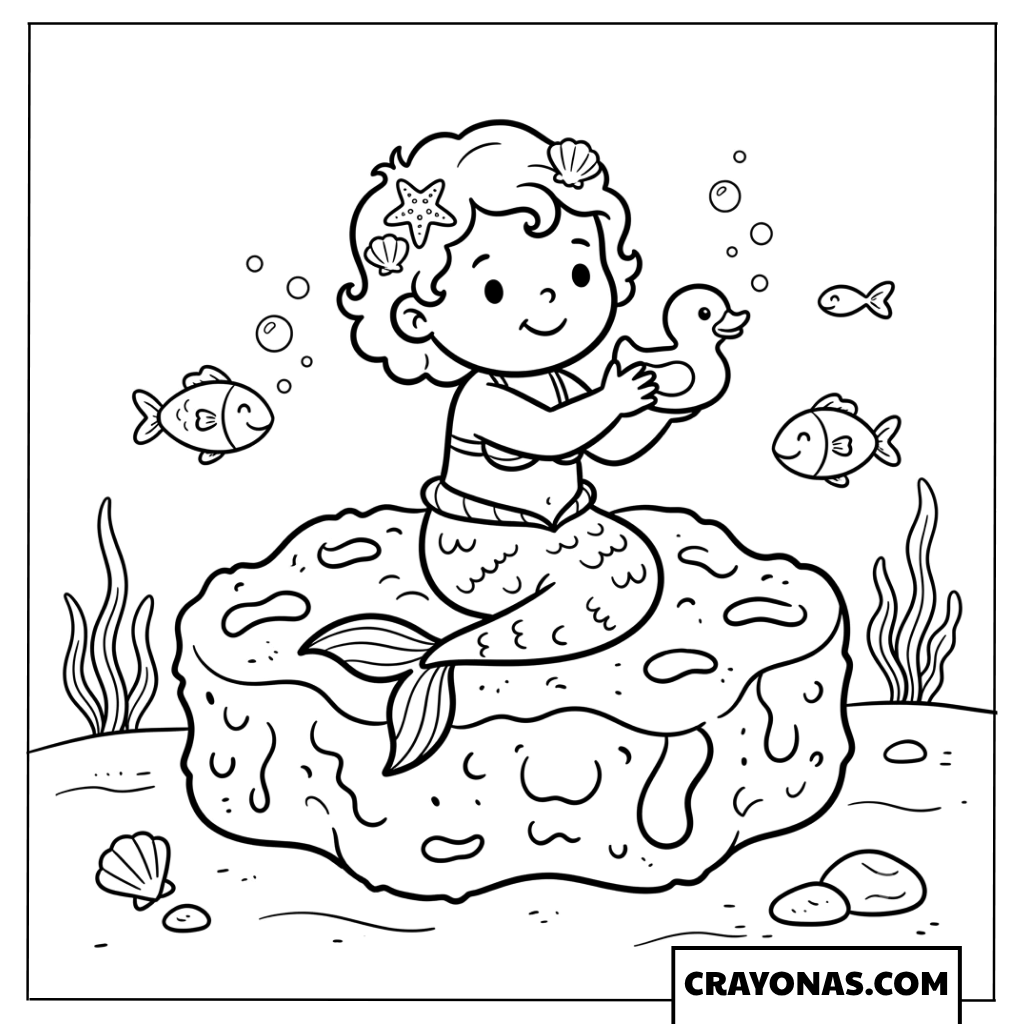 Cute Baby Mermaid Playing with Duck Coloring Page