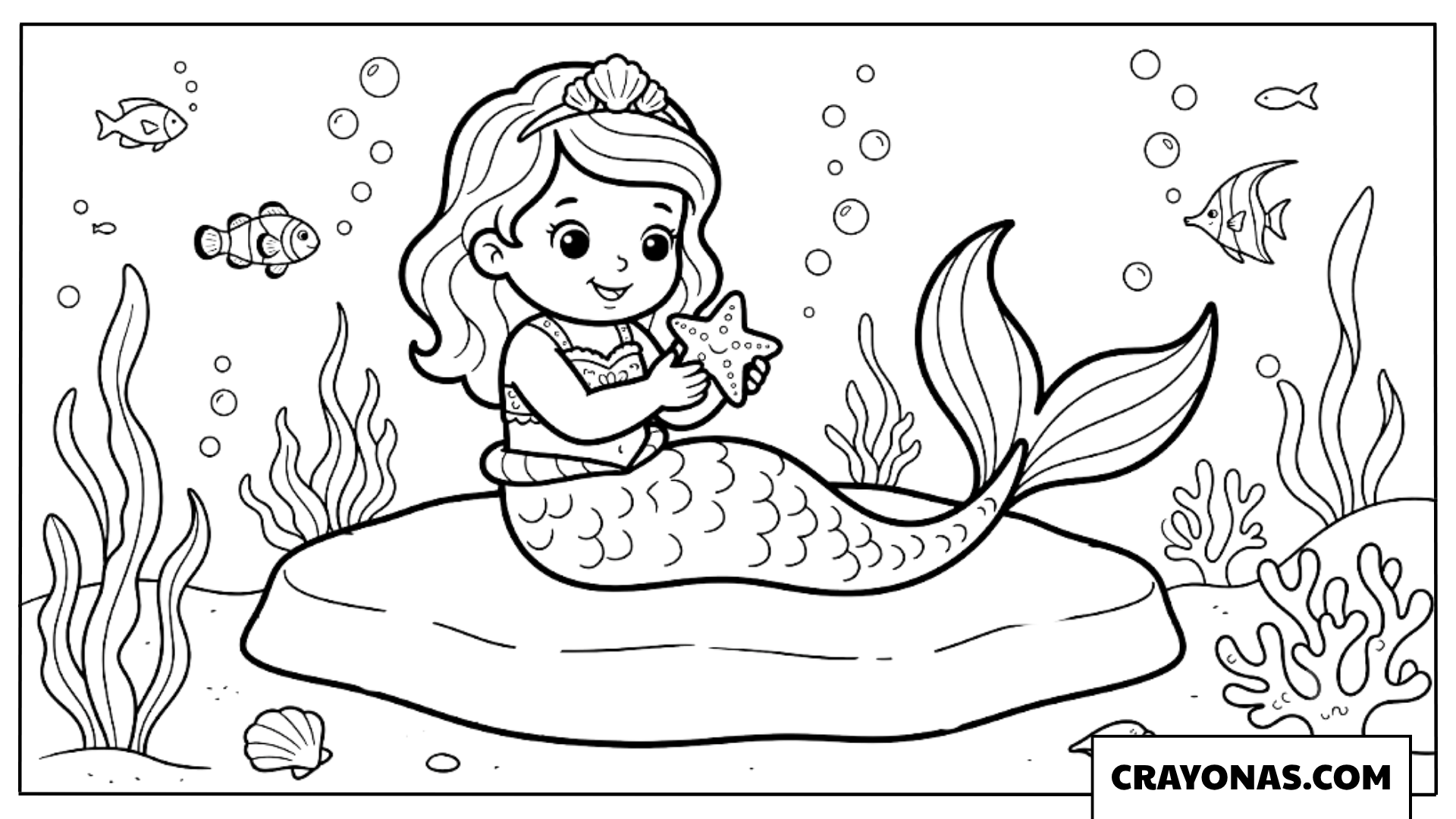 Cute Baby Mermaid with Starfish Coloring Page