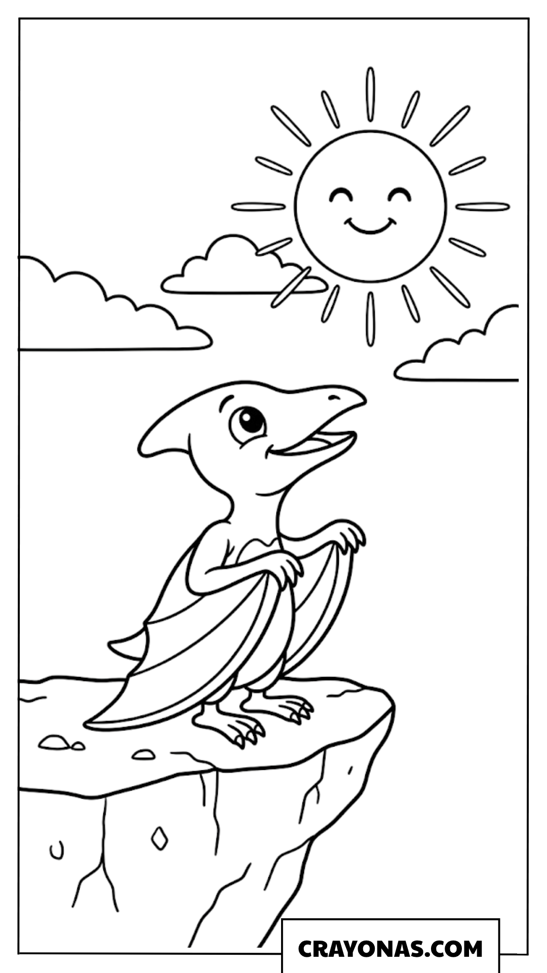 Cute Baby Pterodactyl on Cliff with Smiling Sun Coloring Page