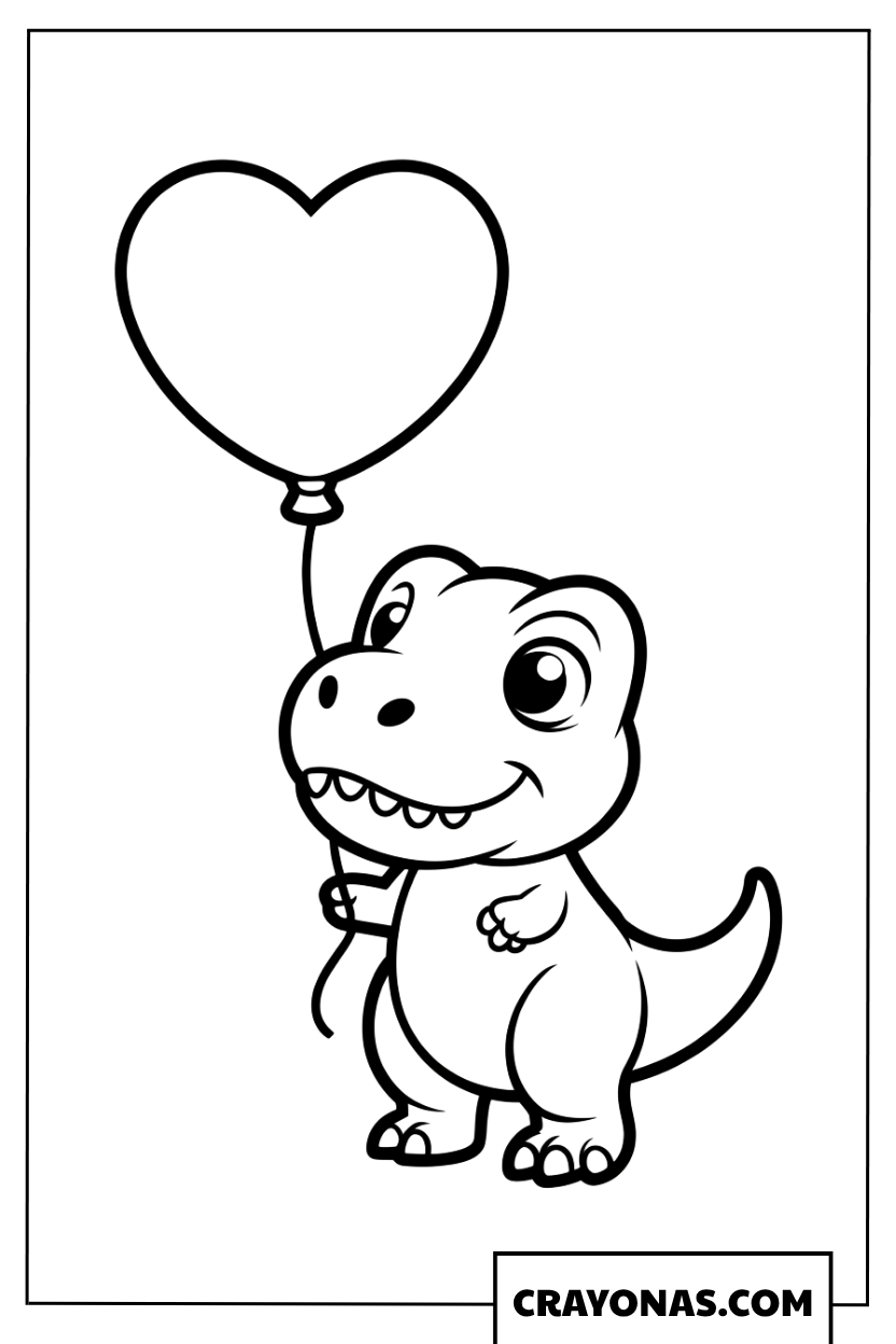 Cute Baby T-Rex Holding a Heart Shaped Balloon Coloring Page