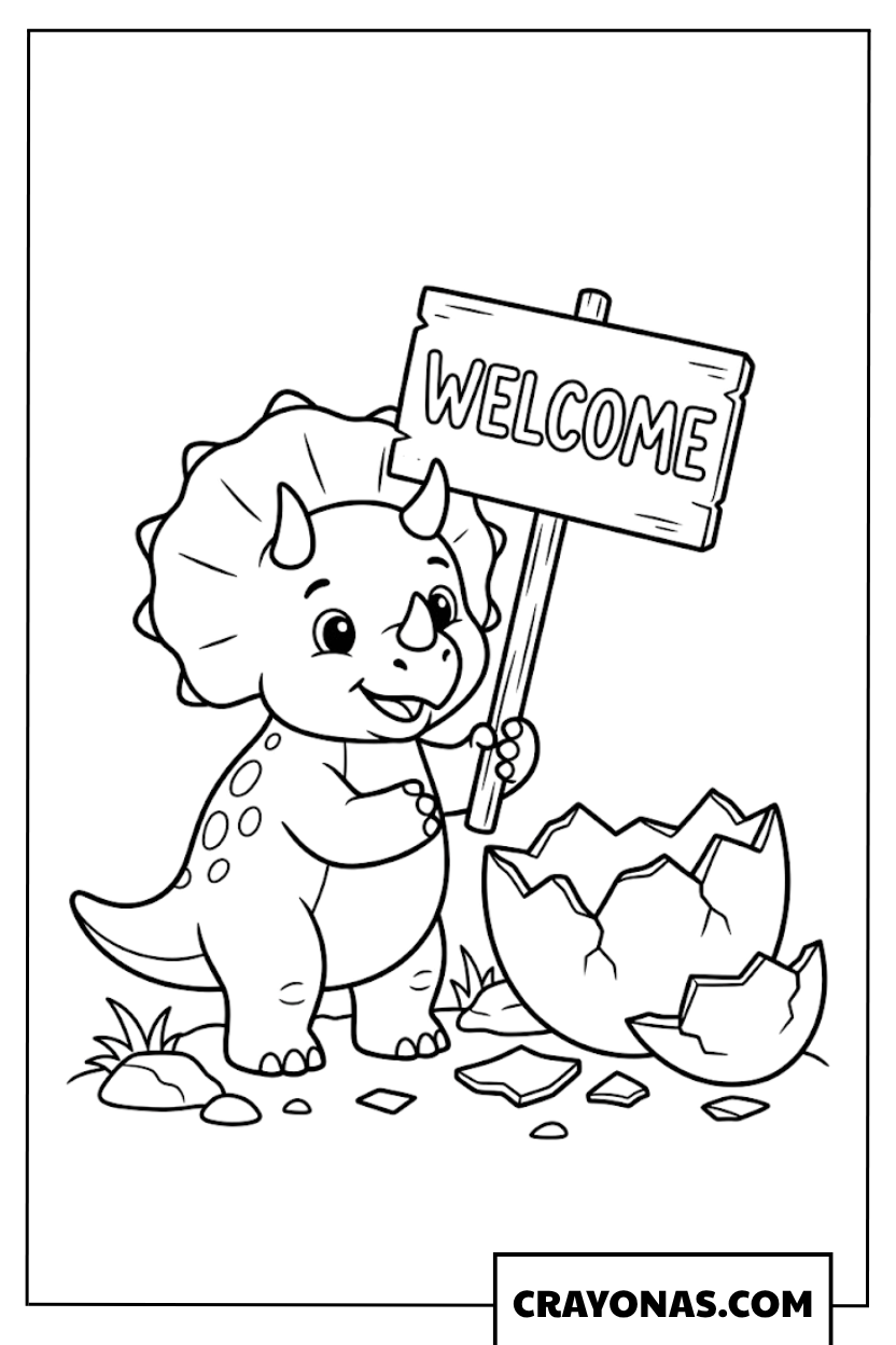 Cute Baby Triceratops Holding a Welcome Sign Coloring Page