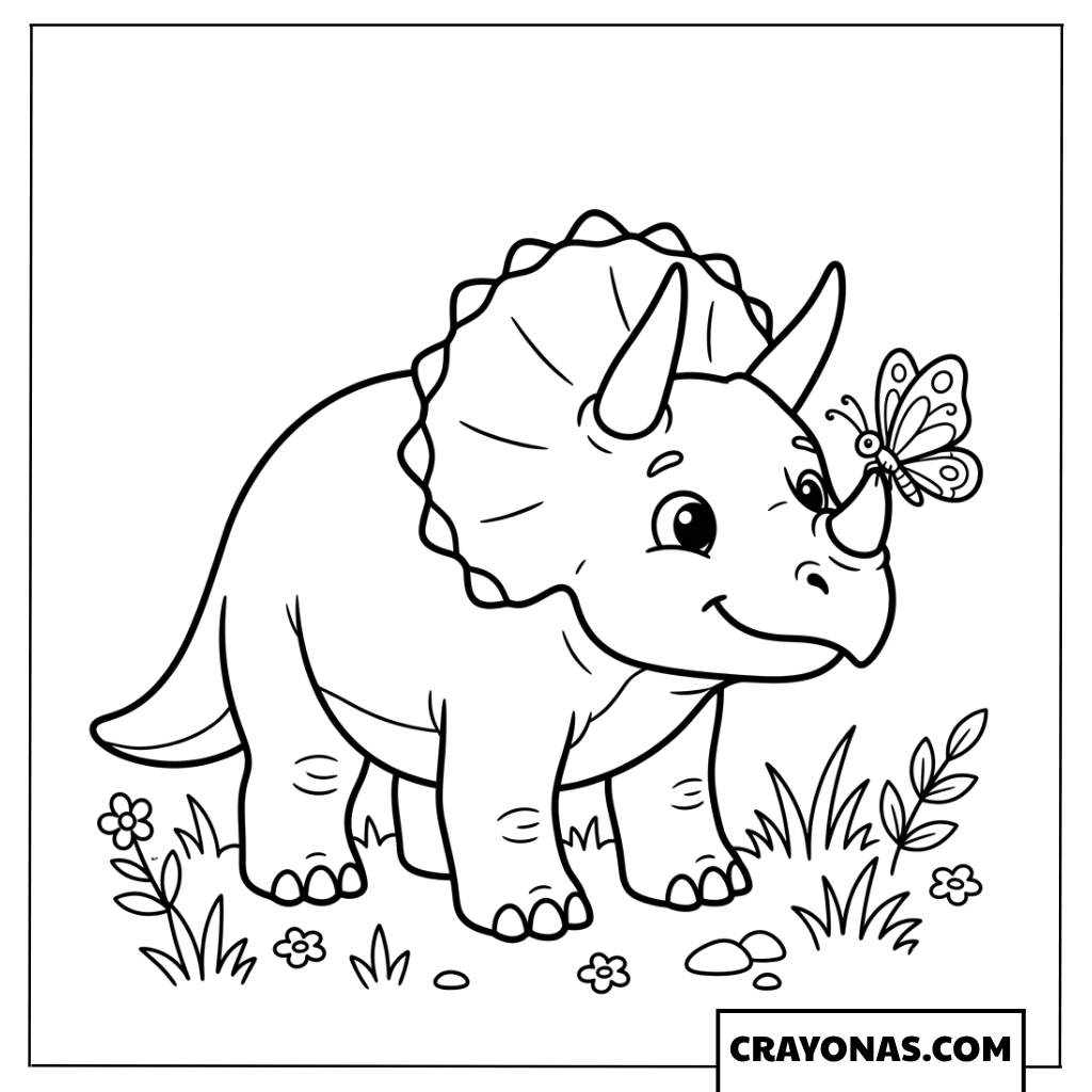 Cute Baby Triceratops with Butterfly on Nose Coloring Page