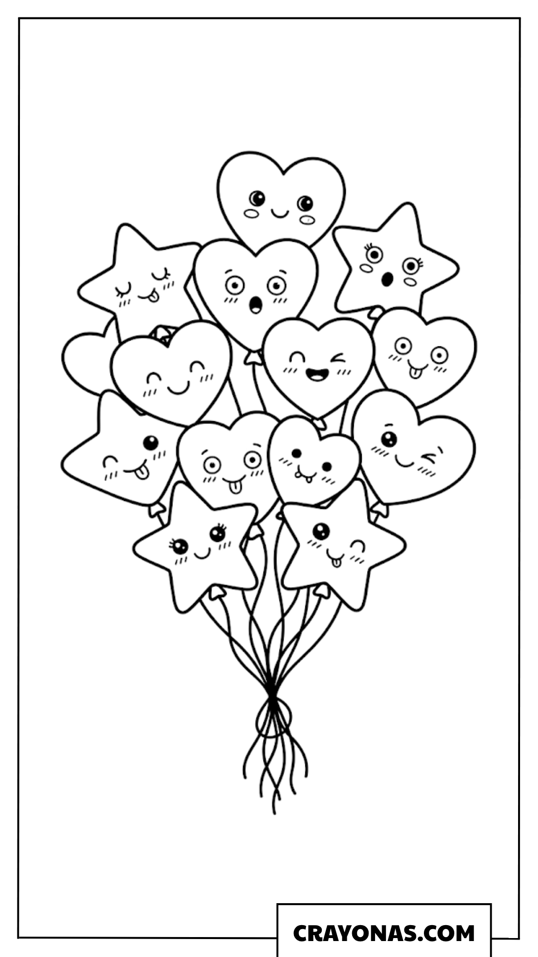 Cute Balloon Bunch with Hearts and Stars Coloring Page
