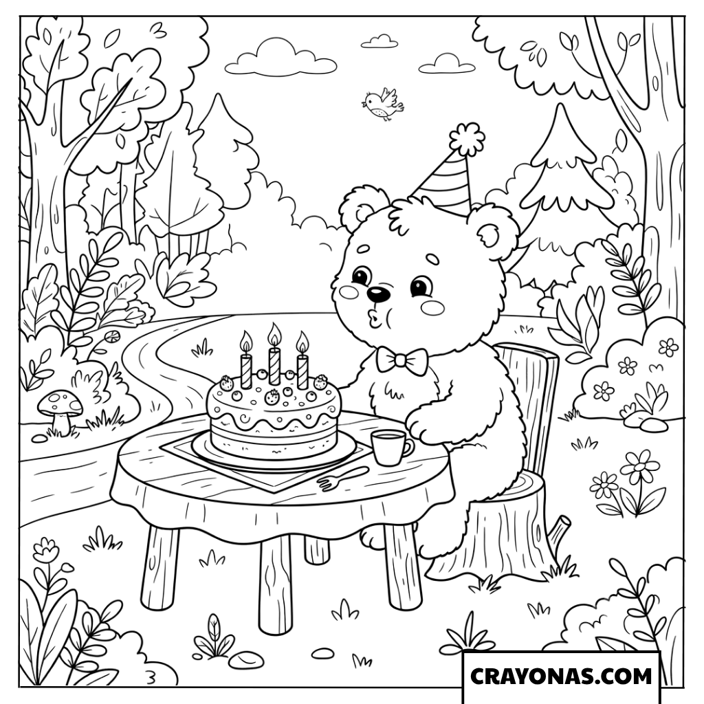 Cute Bear Birthday Picnic Coloring Page