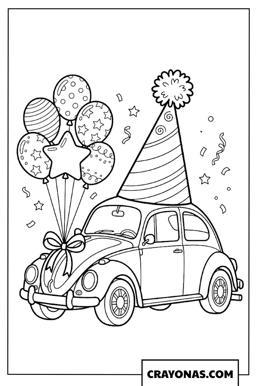 Cute Beetle Car with Birthday Party Hat and Balloons Coloring Page