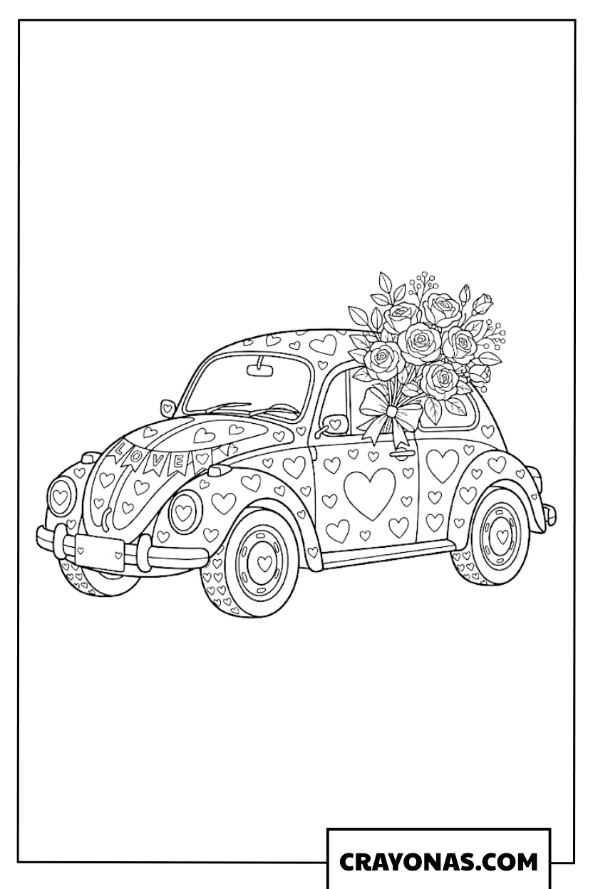 Cute Beetle Car with Hearts and Flower Bouquet Coloring Page