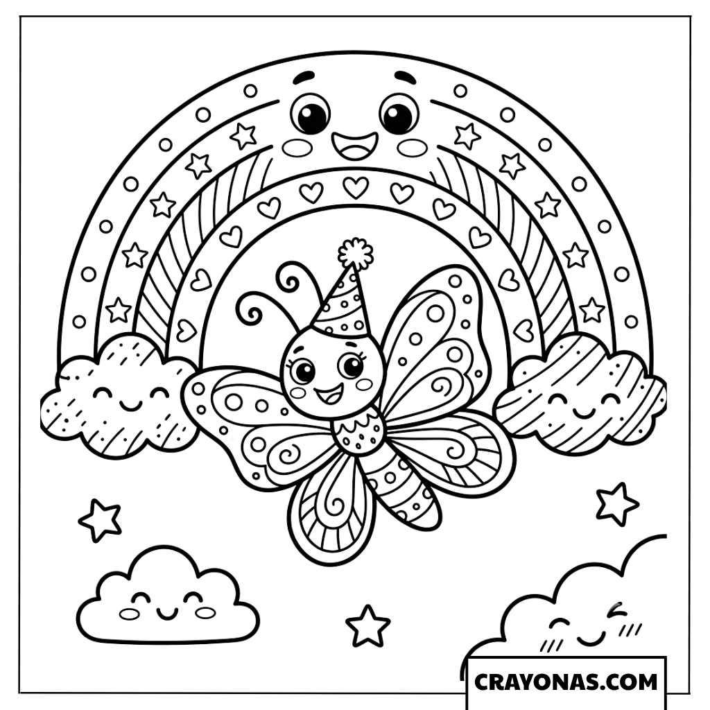 Cute Birthday Party Butterfly and Rainbow Coloring Page