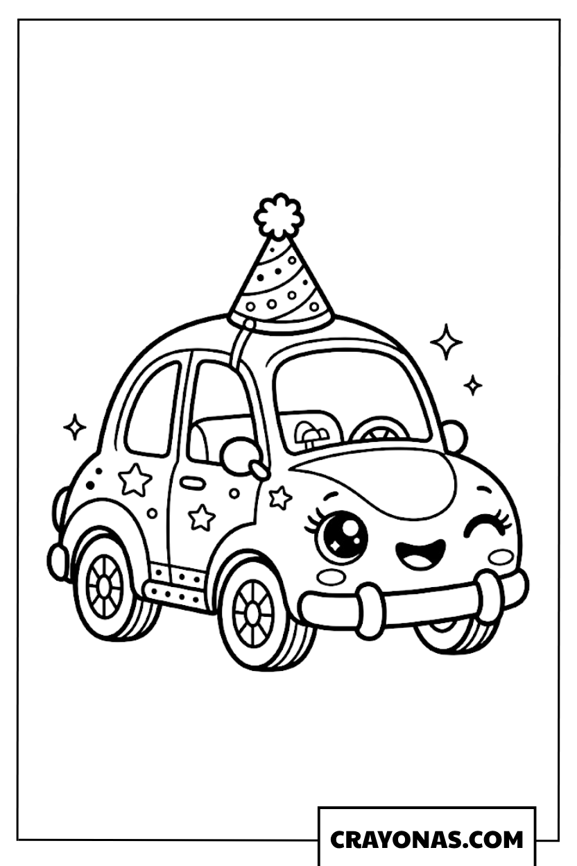 Cute Birthday Party Car with Polka Dot Hat Coloring Page