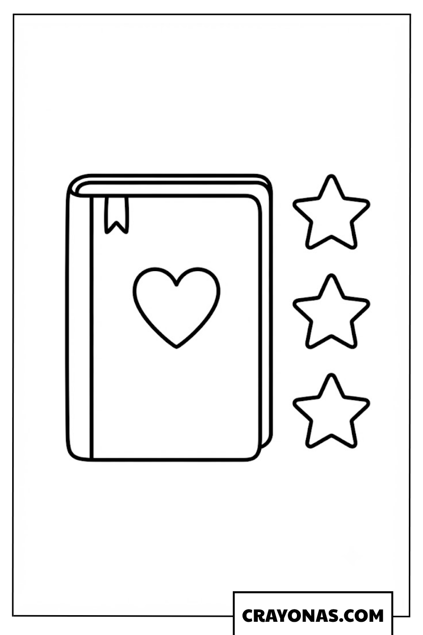 Cute Book with Heart and Stars Coloring Page