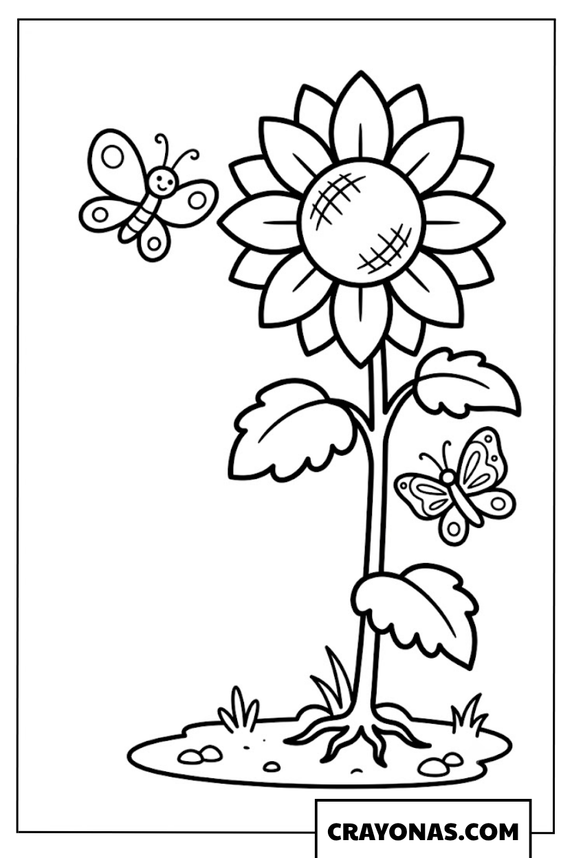Cute Butterflies Flying Around Tall Sunflower Coloring Page