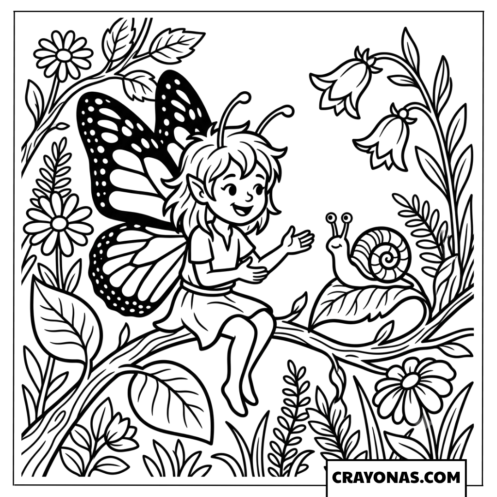 Cute Butterfly Fairy Talking to a Snail Coloring Page
