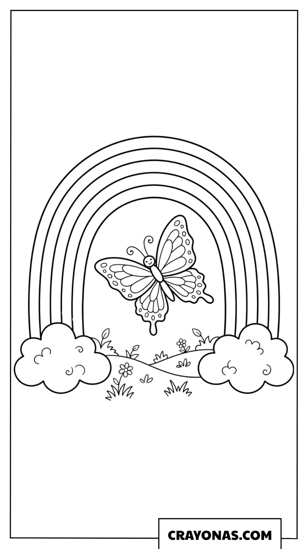 Cute Butterfly Flying Under a Beautiful Rainbow Coloring Page