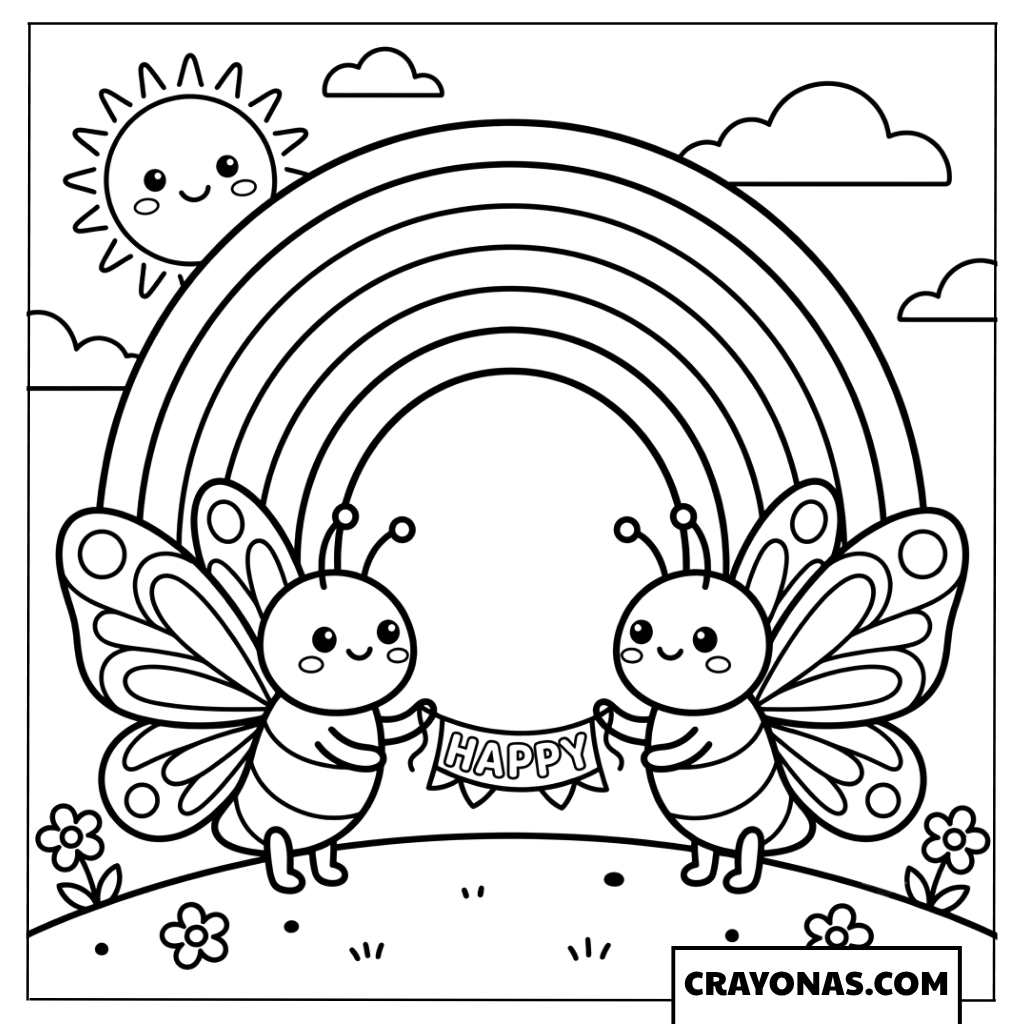 Cute Butterfly Friends Holding a Happy Banner Under the Rainbow Coloring Page