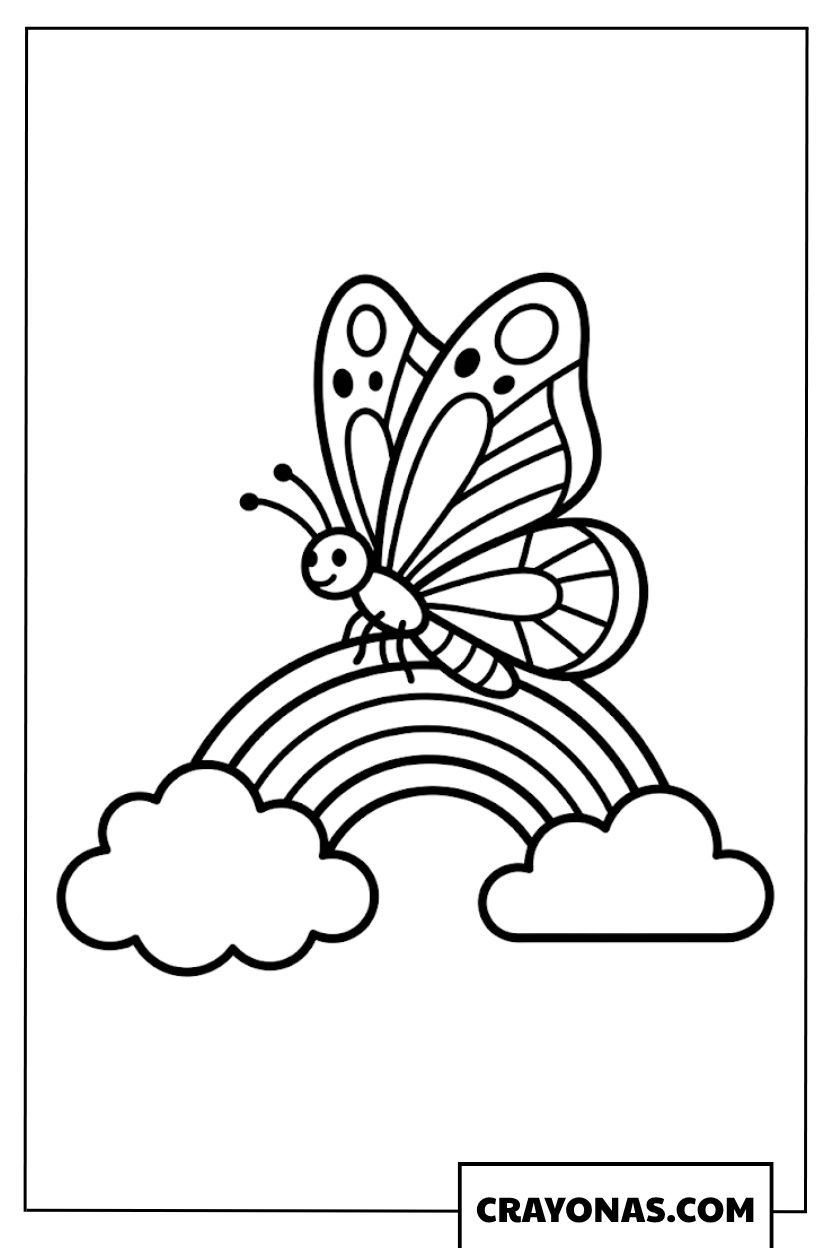 Cute Butterfly Sitting on Cloud Above Rainbow Coloring Page