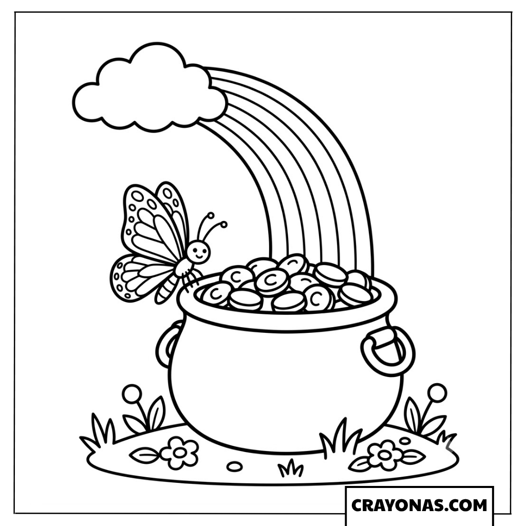 Cute Butterfly and Rainbow Pot of Gold Coloring Page