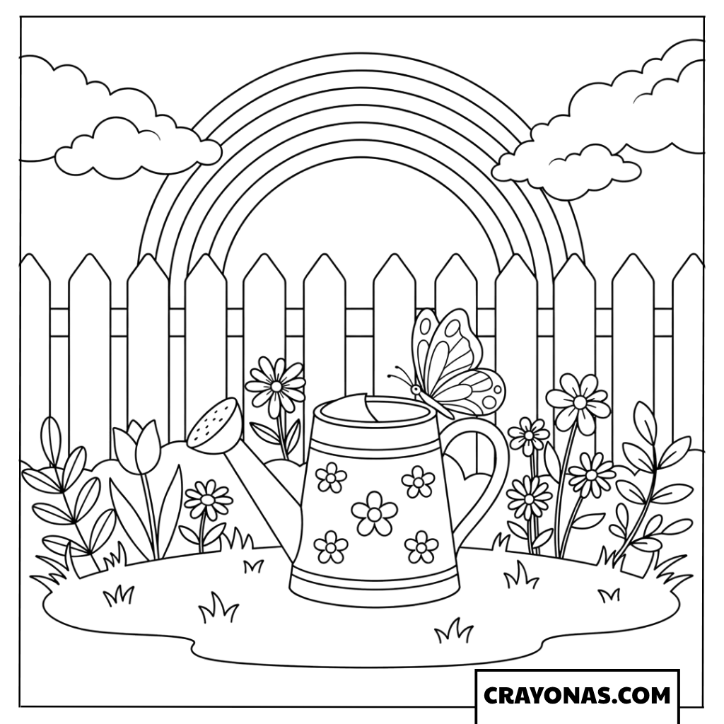 Cute Butterfly on Flower Watering Can with Rainbow Background Coloring Page