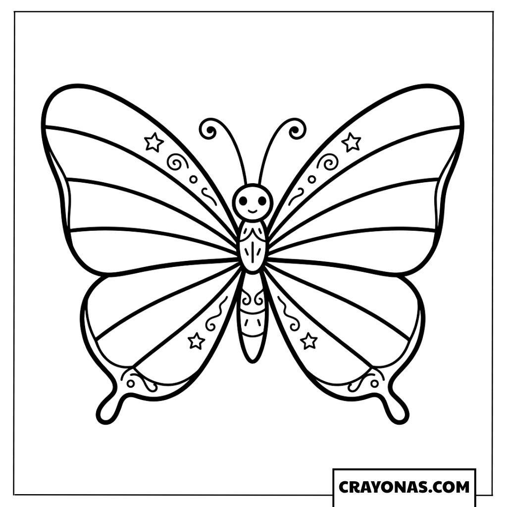 Cute Butterfly with Stars and Rainbow Wings Coloring Page