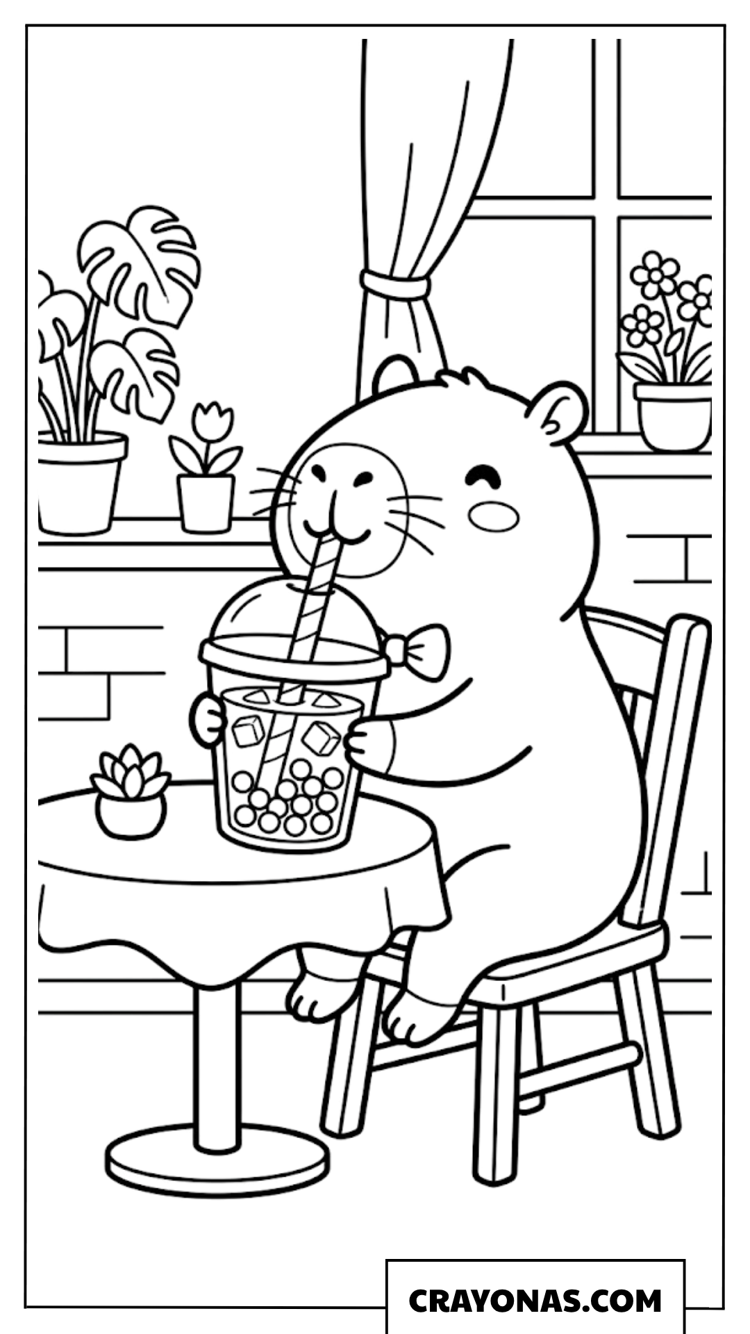 Cute Capybara Drinking Boba Milk Tea Coloring Page